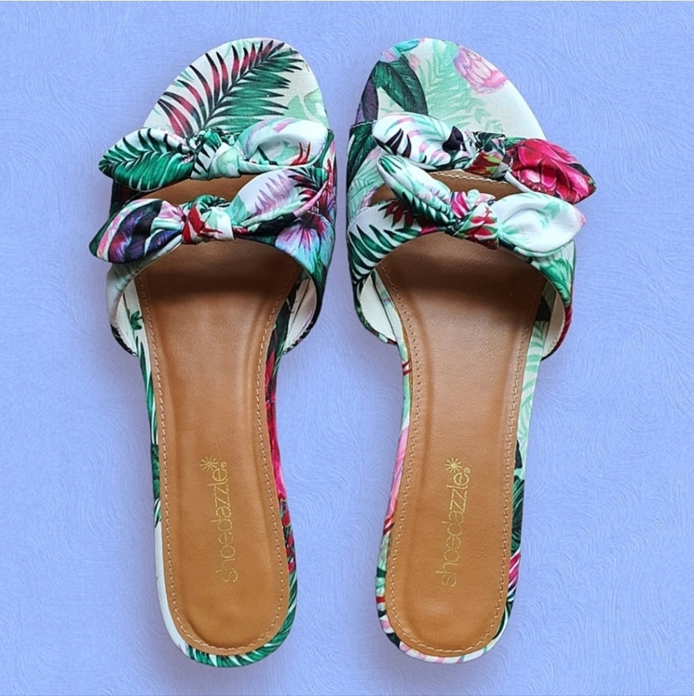 Women's Tropical Palm Leaf Floral Bowtie Slide Sandals | Multicolor, Size 8